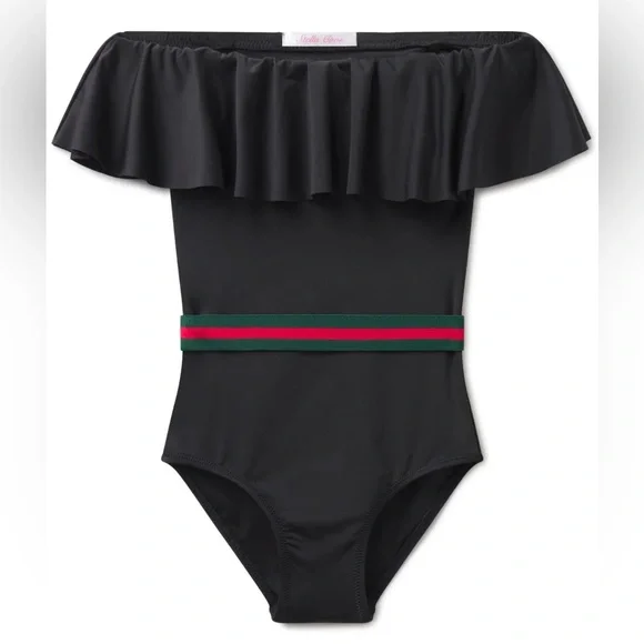 Stella Cove Girls Black Ruffle Swimsuit with Gucci-Style Belt - Size 12Y